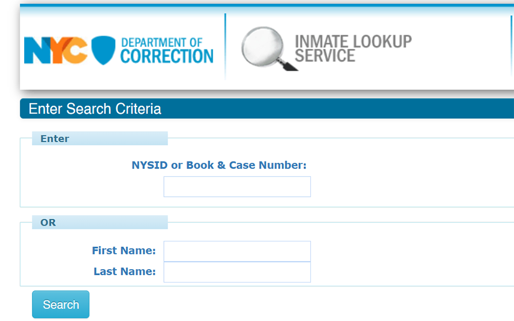 A screenshot from the NYC Department of Correction website displays the inmate lookup service page, which includes search criteria for information such as NYSID, case number, or name.