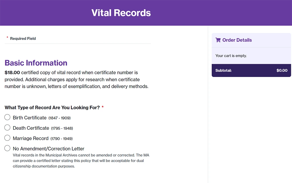 A screenshot from the NYC Department of Records and Information Services Vital Records website displays the "Order Vital Records" page, featuring basic information, record selection buttons, and an "Order Details" box with cart items and subtotal cost.