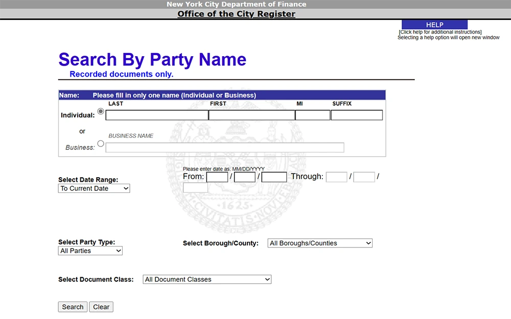 A screenshot from the New York City Department of Finance website displays the Office of the City Register page, which allows users to search for documents by party name.