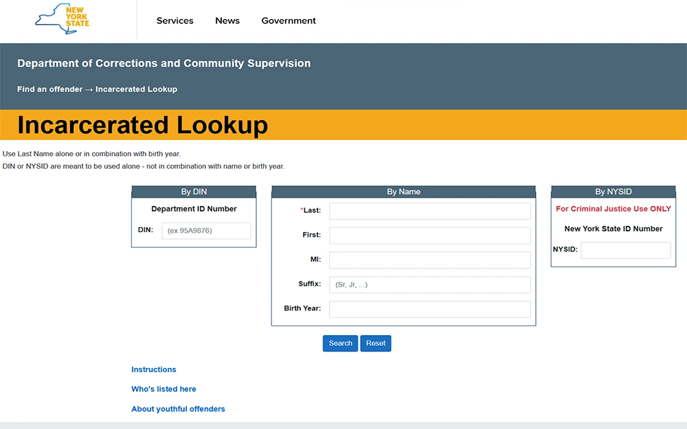 A screenshot from the New York State Department of Corrections and Community Supervision website displays the inmate lookup page, which provides search criteria options such as DIN, name, or NSID.