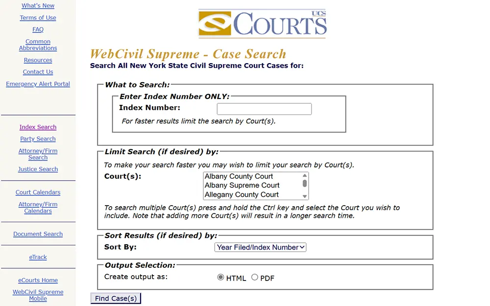 A screenshot from the New York State Unified Court System website displays the WebCivil Supreme case search page, which provides search criteria to look up civil supreme court cases in New York State.