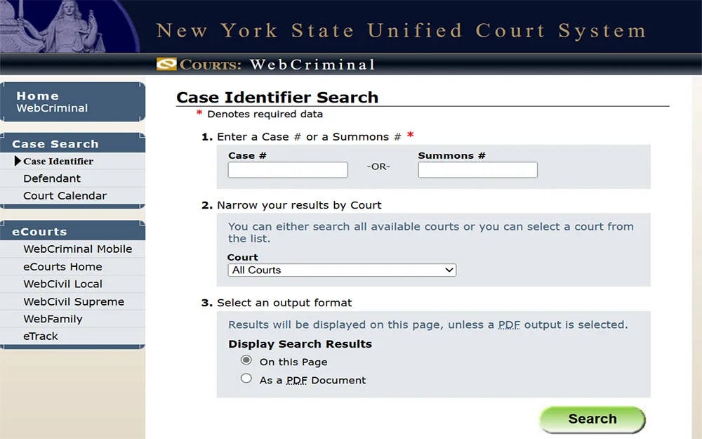 A screenshot from the New York State Unified Court System website displays the case identifier search page, which includes fields for entering data such as case or summons number, court type, and output format.
