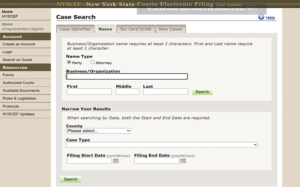 A screenshot from the New York State Unified Court System NYSCEF case search page displays the "Search by Name" tab, which includes fields for entering information such as name type and options to narrow down your search results.