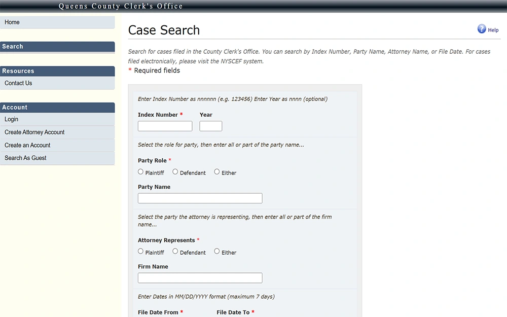 A screenshot from the New York State Unified Court System website displays the Queens County Clerk's Office case search page, which features fields for searching by index number, party name, attorney name, or file date.