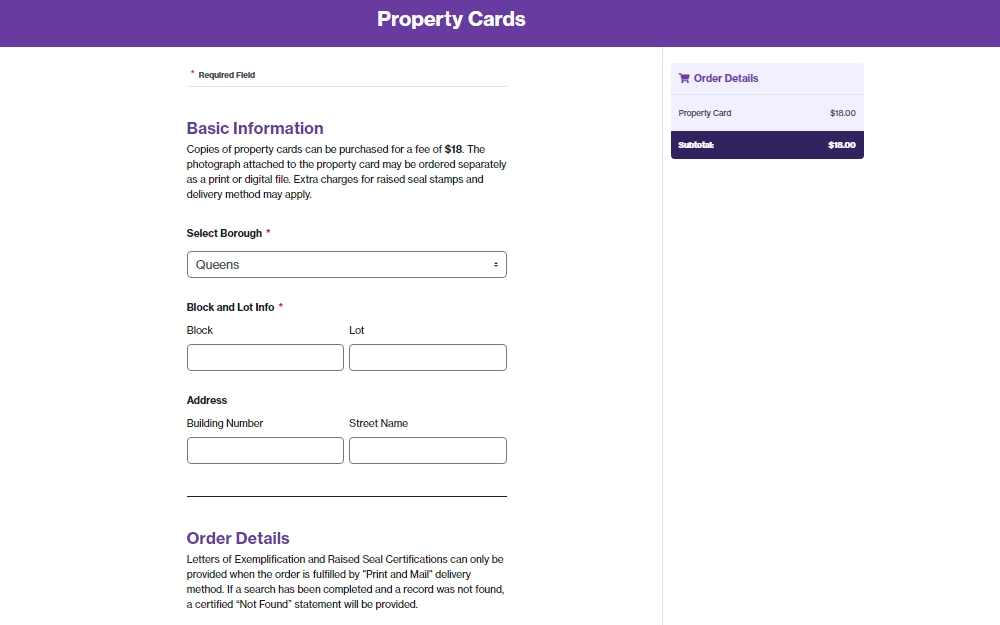 A screenshot displaying an online order tool where individuals can order copies of property cards by selecting the borough and providing the block, lot info, and the property's address.
