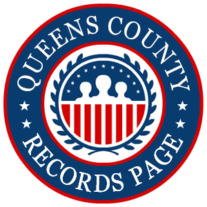 A round red, white, and blue logo with the words 'Queens County Records Page' for the state of New York.
