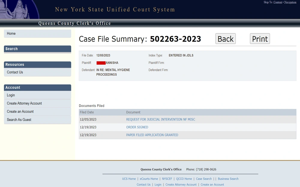 A screenshot of case file summary, including the file date, parties involved, index type, and a list of documents filed with their respective filing dates.