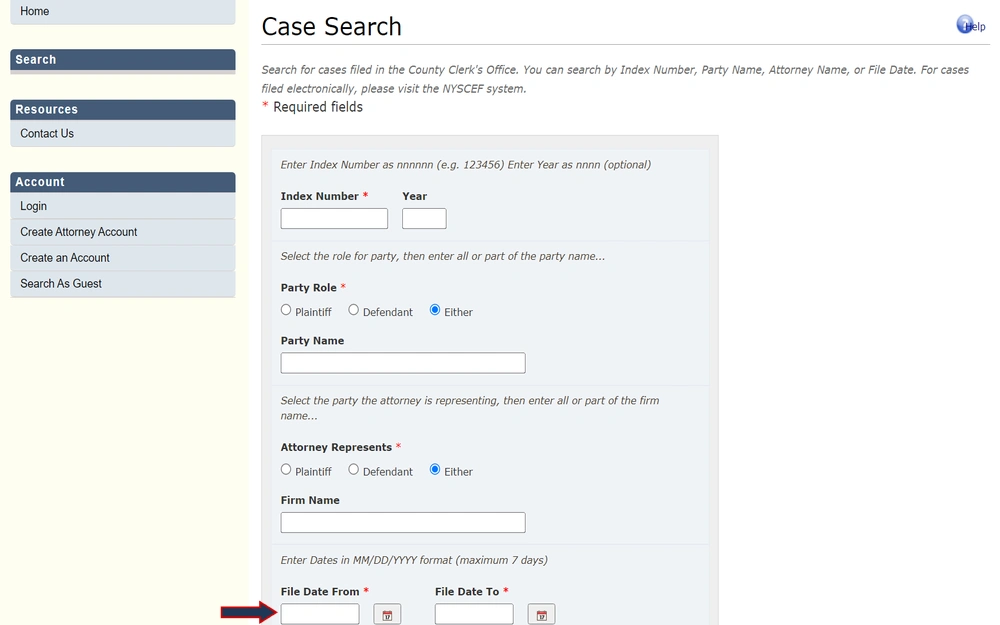 A screenshot online case search interface with fields for entering an index number, year, party name, the role of the party, attorney representation details, and dates to filter search results for legal cases.