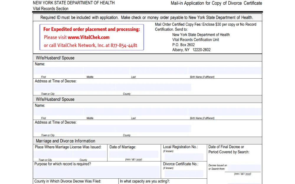 A screenshot of state health department for requesting a copy of a document related to the dissolution of marriage, including fields for personal details, addresses at the time of the decree, marriage information, and the specific details regarding the document request, with instructions for expedited processing.