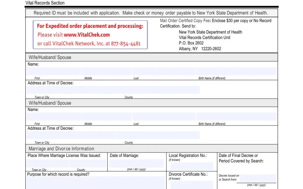 A screenshot of the mail in the application form for a divorce certificate copy displays fields for names and addresses of both spouses, place of license issuance, date of marriage, local registration number, purpose of request, divorce certificate number, and date of final decree.